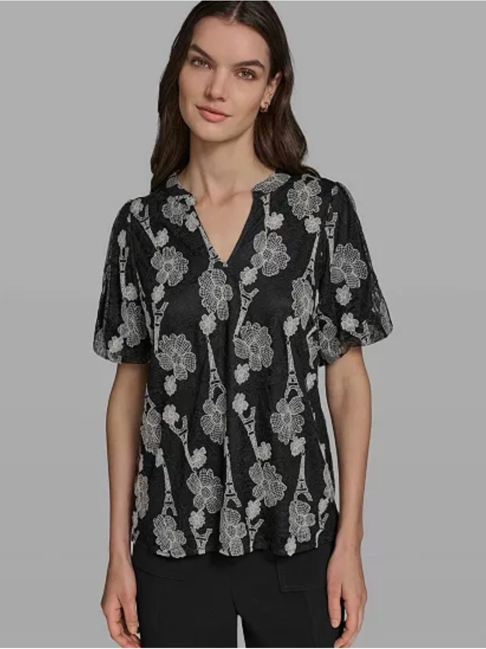Karl Lagerfeld Paris Women's Popover Paris Lace Short-Sleeve Top